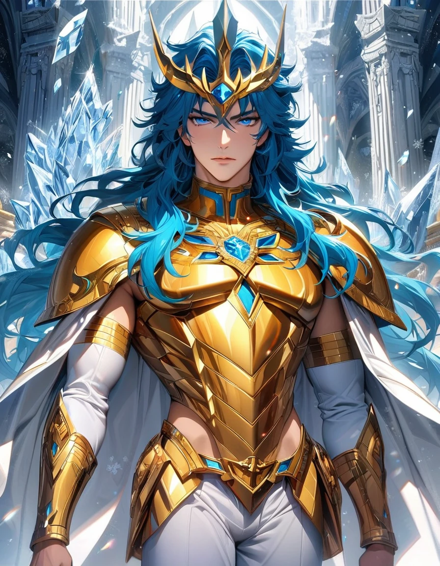 Ultra detailed, highres, absurdres, HDR, Camus, turquoise untamed long hair, navy blue eyes, golden armor, white cape, Saint Seiya, sexy man, solo, handsome, very detailed face and eyes, ice, snowflakes, sanctuary, aquarius,