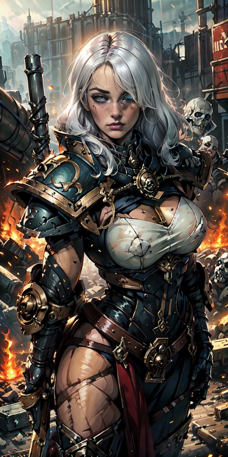 (masterpiece:1.2), (best quality:1.2), perfect eyes, perfect face, perfect lighting, 1girl, mature whore Sororitas with bolter gun in hands, scar over one eye, eyepatch, white hair, skulls on the ground, warhammer 40k, chaos, fire, scifi, detailed battlefield background