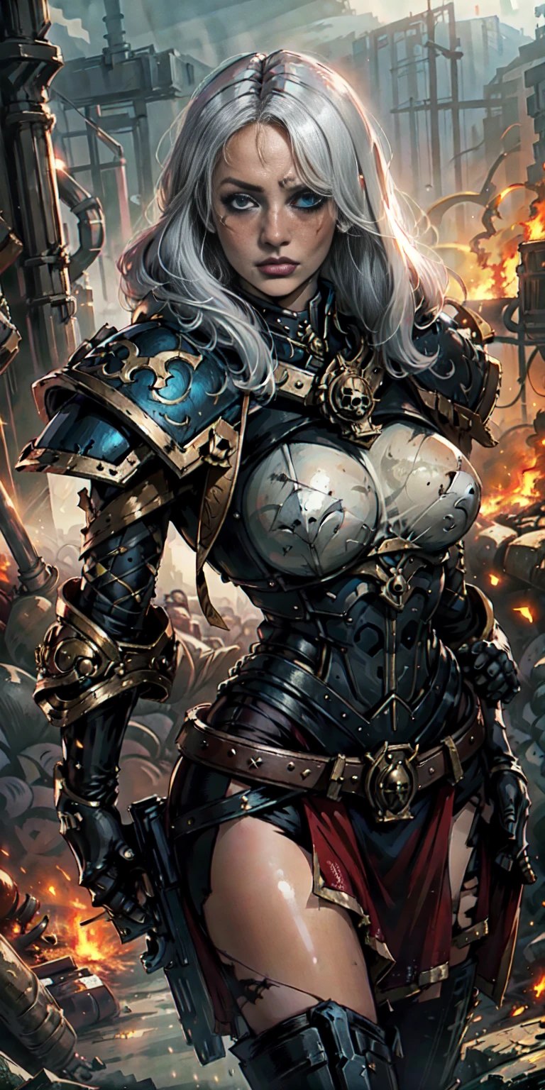 (masterpiece:1.2), (best quality:1.2), perfect eyes, perfect face, perfect lighting, 1girl, mature whore Sororitas with bolter gun in hands, scar over one eye, eyepatch, white hair, skulls on the ground, warhammer 40k, chaos, fire, scifi, detailed battlefield background