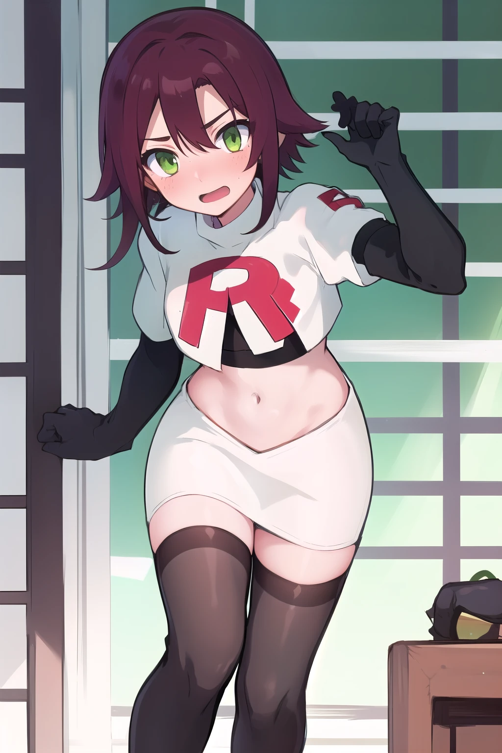 masterpiece, absurdres, Shikanoin Heizou, green eyes,male focus, trap, crossdressing,1boy,team rocket,team rocket uniform,white skirt,red letter R,crop top,black thigh-highs,black elbow gloves, embarrassed, blush