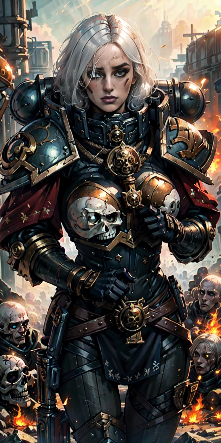 (masterpiece:1.2), (best quality:1.2), perfect eyes, perfect face, perfect lighting, 1girl, mature whore Sororitas with bolter gun in hands, scar over one eye, eyepatch, white hair, skulls on the ground, warhammer 40k, chaos, fire, scifi, detailed battlefield background