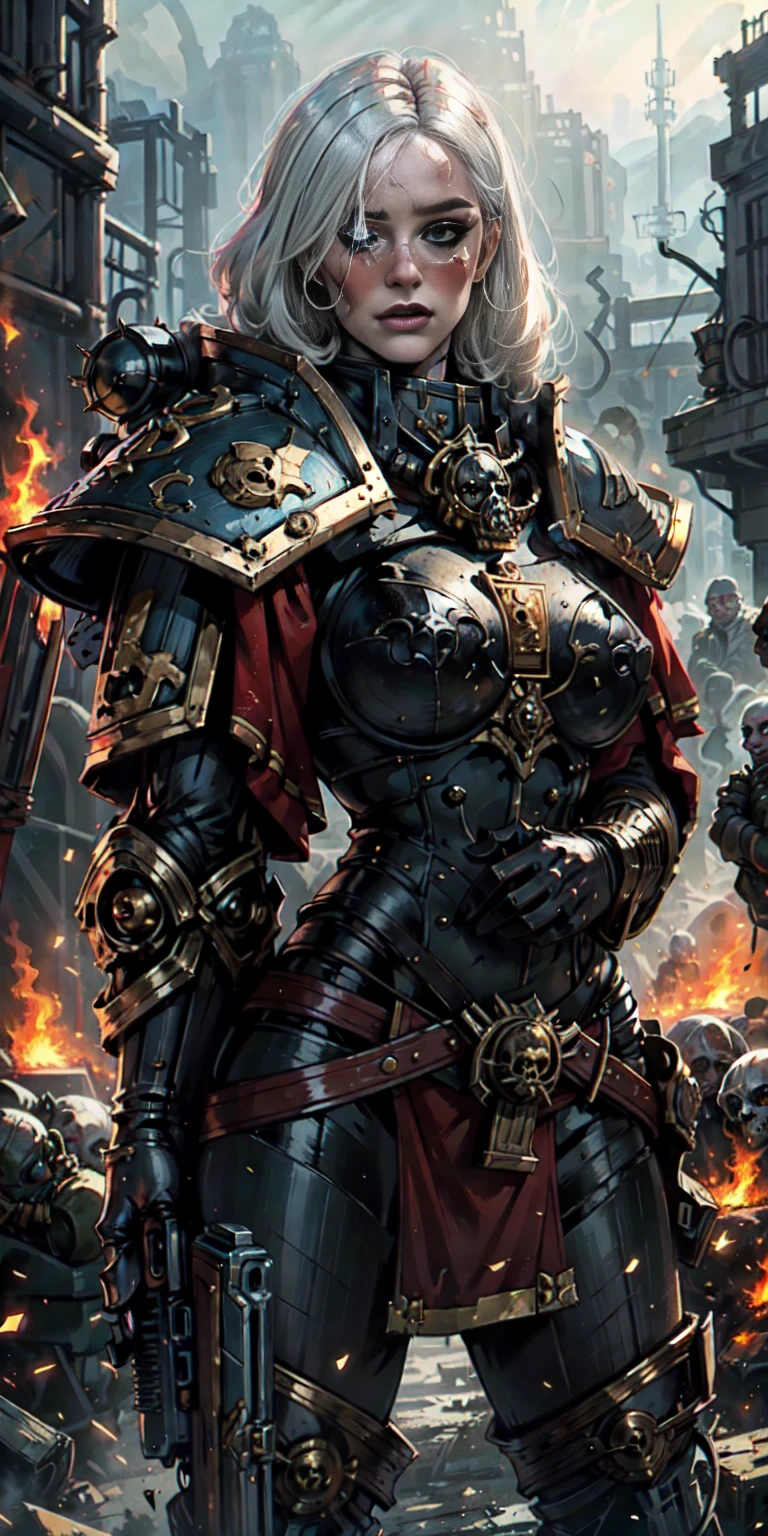 (masterpiece:1.2), (best quality:1.2), perfect eyes, perfect face, perfect lighting, 1girl, mature whore Sororitas with bolter gun in hands, scar over one eye, eyepatch, white hair, skulls on the ground, warhammer 40k, chaos, fire, scifi, detailed battlefield background