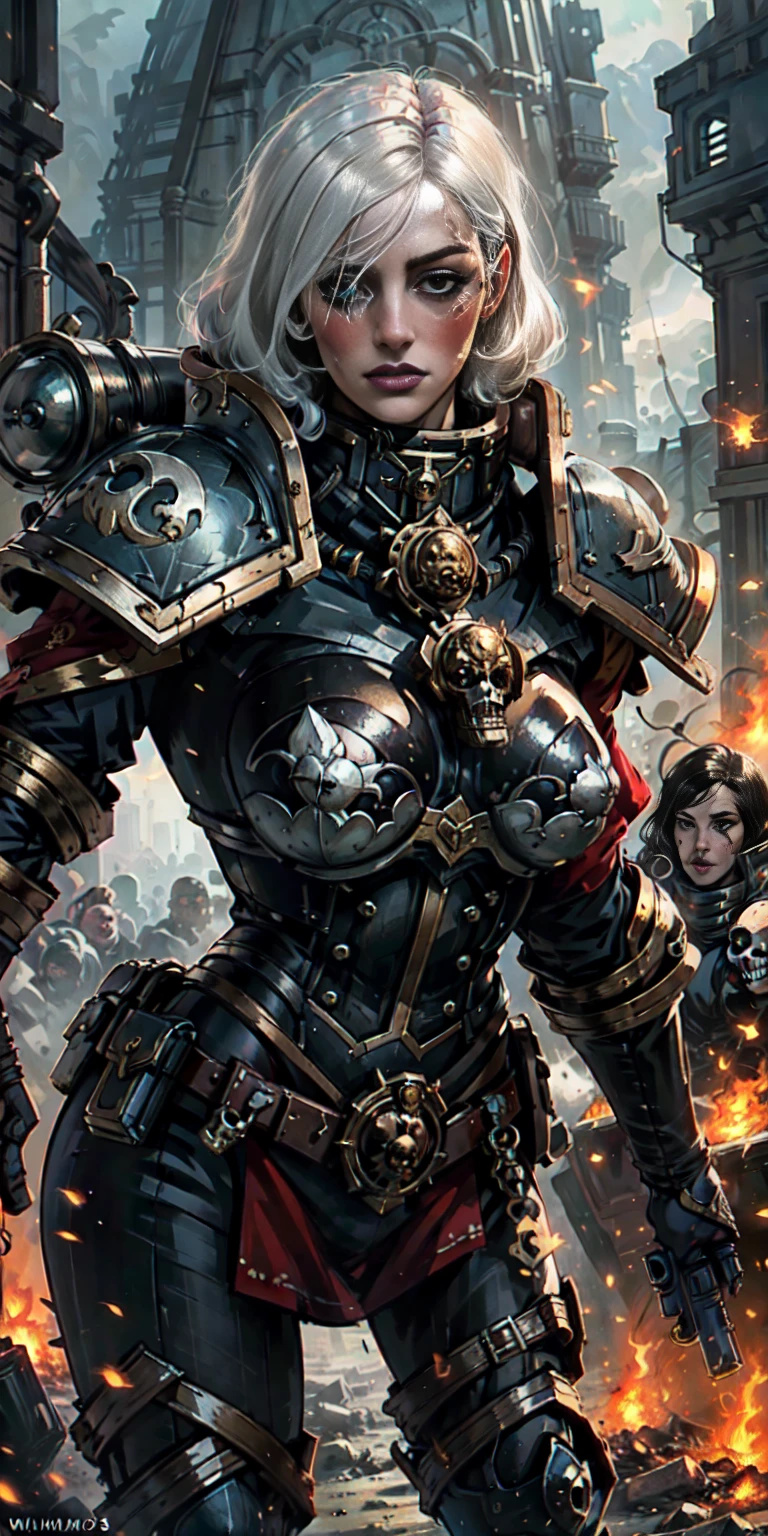 (masterpiece:1.2), (best quality:1.2), perfect eyes, perfect face, perfect lighting, 1girl, mature whore Sororitas with bolter gun in hands, scar over one eye, eyepatch, white hair, skulls on the ground, warhammer 40k, chaos, fire, scifi, detailed battlefield background