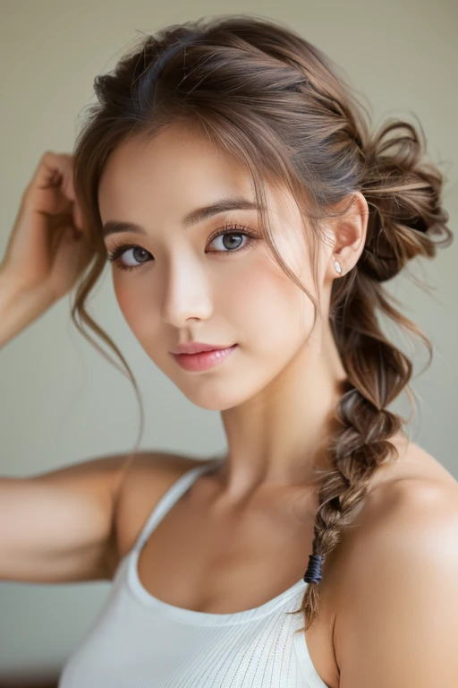 Wear a seashell bikini, ponytail, japanese girl, 8K, full body shot, highest quality, masterpiece, realistic, Photorealistic super detail, one girl, cute, best smile, beautiful eyes, long hair, perfect face,full body shot