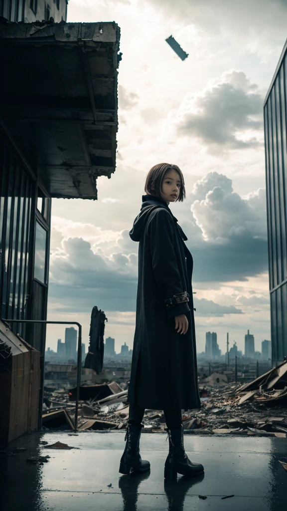 Brown short hair girl、A structure piercing the sky in the distance、anime art wallpaper 8k, 16k、(Disparity society)、((One of his arms is made of machinery))、Black long boots、((A ruined world))、Destroyed City、(a girl standing at the rooftop of a building)、Clothes dirty with dust、Damage costume、((Black make-up on the face))、Fluttering costumes、Fluttering Hair、Exploding buildings、Dark Clouds、(Dystopia)、((Chaotic world))、Reddish long coat