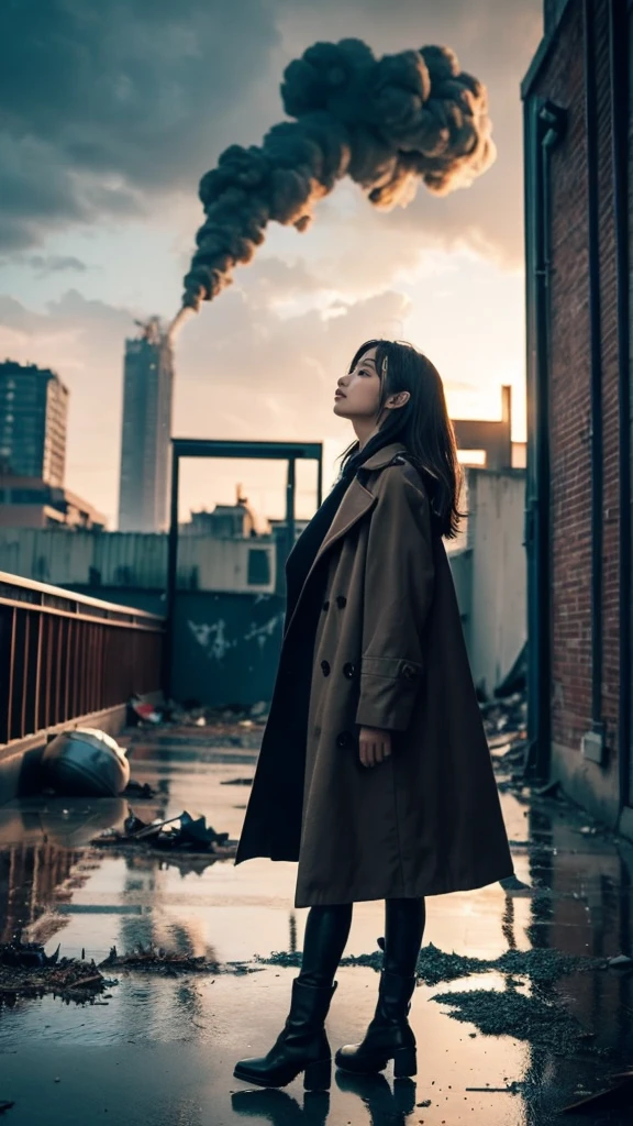 Brown short hair girl、A structure piercing the sky in the distance、anime art wallpaper 8k, 16k、(Disparity society)、((One of his arms is made of machinery))、Black long boots、((A ruined world))、Destroyed City、(a girl standing at the rooftop of a building)、Clothes dirty with dust、Damage costume、((Black make-up on the face))、Fluttering costumes、Fluttering Hair、Exploding buildings、Dark Clouds、(Dystopia)、((Chaotic world))、Reddish long coat