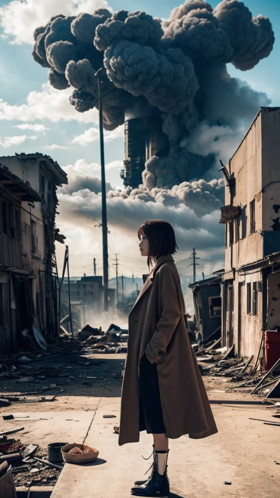 Brown short hair girl、A structure piercing the sky in the distance、anime art wallpaper 8k, 16k、(Disparity society)、((One of his arms is made of machinery))、Black long boots、((A ruined world))、Destroyed City、(a girl standing at the rooftop of a building)、Clothes dirty with dust、Damage costume、((Black make-up on the face))、Fluttering costumes、Fluttering Hair、Exploding buildings、Dark Clouds、(Dystopia)、((Chaotic world))、Reddish long coat