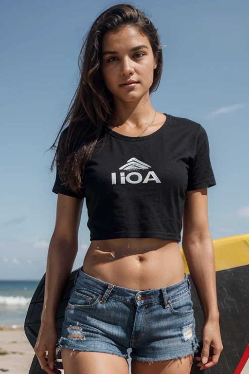 Isabela Martins is a two-time surfing champion, uma mulher com cabelo cacheado, usa uma camisa preta e um shorts jeans, your board is red with a black stripe in the middle, His gaze is confident, do it in the form of a 3d drawing