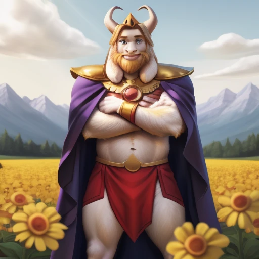 asgore, plump, bara, (pose:1.3), (posing:1.3), (soft shading), 4k, hi res, five fingers, detailed hands, ((detailed face, (detailed eyes:1.0), detailed)), (full body), by zackarry911, by zaush, (by personalami:0.5), standing, full body, male focus, no humans, flower field, flower, smile, crossed arms, only wearing a cape, erection under clothing.