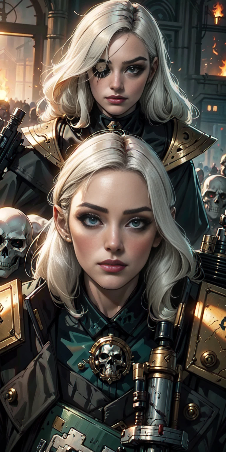 (masterpiece:1.2), (best quality:1.2), perfect eyes, perfect face, perfect lighting, 1girl, mature whore Sororitas with bolter gun in hands, scar over one eye, eyepatch, white hair, skulls on the ground, warhammer 40k, chaos, fire, scifi, detailed battlefield background