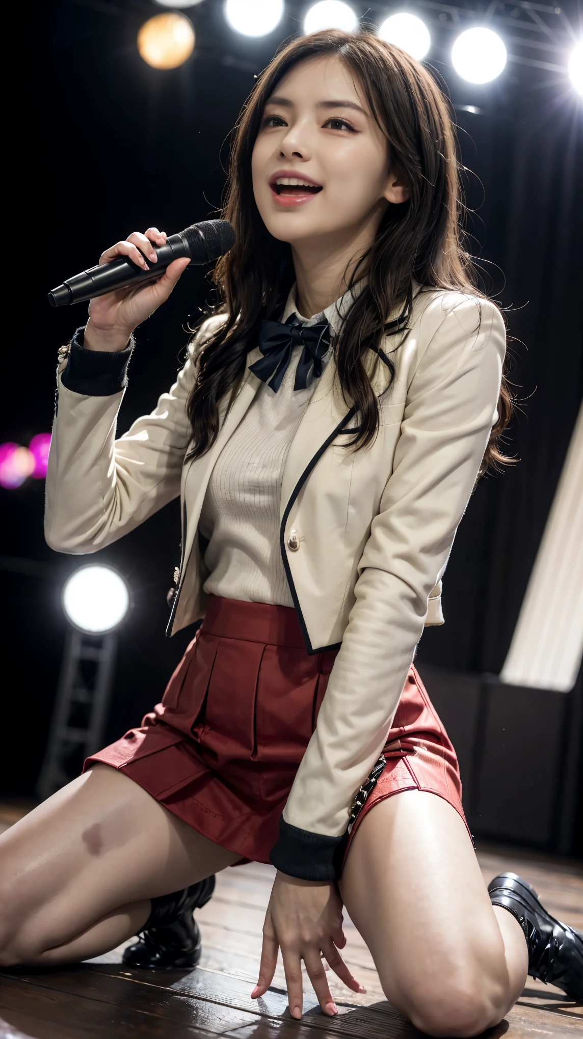 highest quality,masterpiece,Ultra-high resolution,(Actual:1.4),Original photo,Ultra-high resolution，8K，Idols wearing Nogizaka46 live costumes，Flashy makeup with red eyeshadow，Big laughing smile，Short, side-wave style for delicate hair，A live costume of a high school girl&#39;s uniform mini skirt，Live costume: high school girl uniform jacket，Girl Idol，Spreading her legs:1.5，Concert Venues，Hold the wireless microphone in your hand，Low angle, full body，
