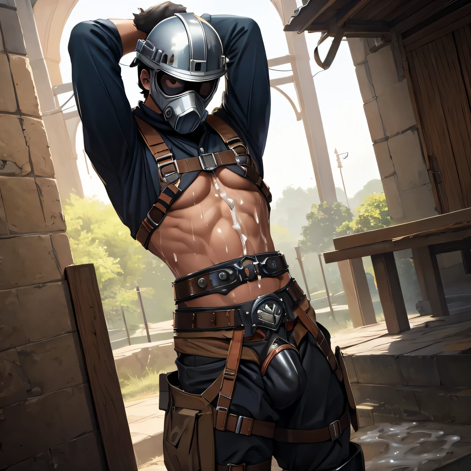 male, (full nude, only harness, only work helmet, only gass mask, only Chastity belt,) semen cum through clothing, sweating, realistic, covered semen, hands behind head