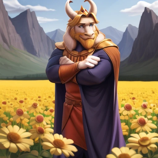 asgore, no clothes, plump, bara, (pose:1.3), (posing:1.3), (soft shading), 4k, hi res, five fingers, detailed hands, ((detailed face, (detailed eyes:1.0), detailed)), (full body), by zackarry911, by zaush, (by personalami:0.5), standing, full body, male focus, no humans, flower field, flower, smile, crossed arms, only wearing a cape, erection under clothing.