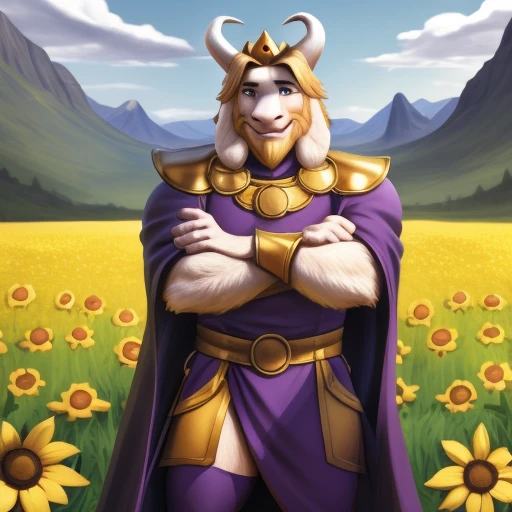 asgore, no clothes, plump, bara, (pose:1.3), (posing:1.3), (soft shading), 4k, hi res, five fingers, detailed hands, ((detailed face, (detailed eyes:1.0), detailed)), (full body), by zackarry911, by zaush, (by personalami:0.5), standing, full body, male focus, no humans, flower field, flower, smile, crossed arms, only wearing a cape, erection under clothing.