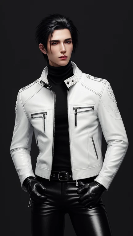 Final Fantasy-style graphics, young, Cute and cool Japanese boys, Thin eyebrows and big eyes, He is wearing a shiny white single-breasted leather jacket..。Biker style leather jacket、 with epaulettes, The jacket is zipped up, The jacket pockets are black., The jacket has a high stand-up collar with a belt, Also wearing a black turtleneck, Black Leather Pants, Thin black leather gloves on both hands, Black leather knee-high lace-up boots, Show me your whole body from head to toe, Final Fantasy Style、((good looking))、((Clear eyes and nose))、((Shiny white single leather jacket))、((The jacket must be white))((The jacket has epaulettes))、((The jacket has a high stand-up collar and is belted.))、((The jacket has a black pocket))、((Black turtleneck shirt))、((Shiny black leather pants))、((Shiny black leather gloves on both hands))、((Black lace-up leather long boots))、((View a head-to-toe image in the distance))、Realistic image quality and texture、In a small cell、close your eyes、A kind smile、((The jacket is closed with a zipper))、((No exposed skin below the neck))