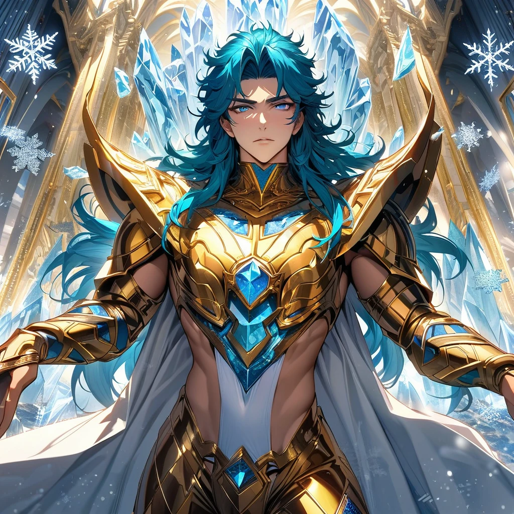 Ultra detailed, highres, absurdres, HDR, Camus, turquoise untamed long hair, navy blue eyes, golden armor, white cape, Saint Seiya, sexy man, solo, handsome, very detailed face and eyes, ice, snowflakes, sanctuary, aquarius,
