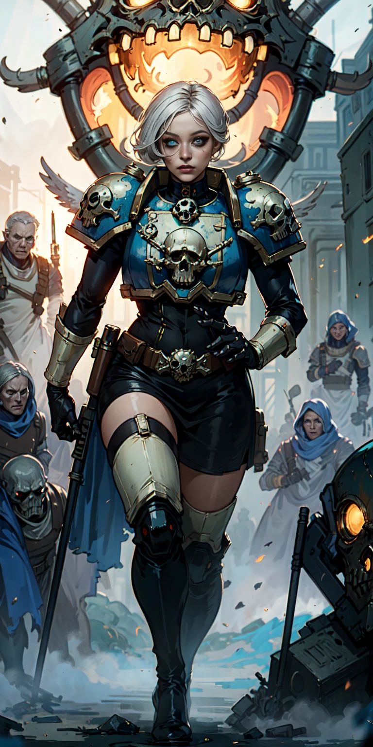 (masterpiece:1.2), (best quality:1.2), perfect eyes, perfect face, perfect lighting, 1girl, mature whore Sororitas with bolter gun in hands, scar over one eye, eyepatch, white hair, skulls on the ground, warhammer 40k, chaos, fire, scifi, detailed battlefield background