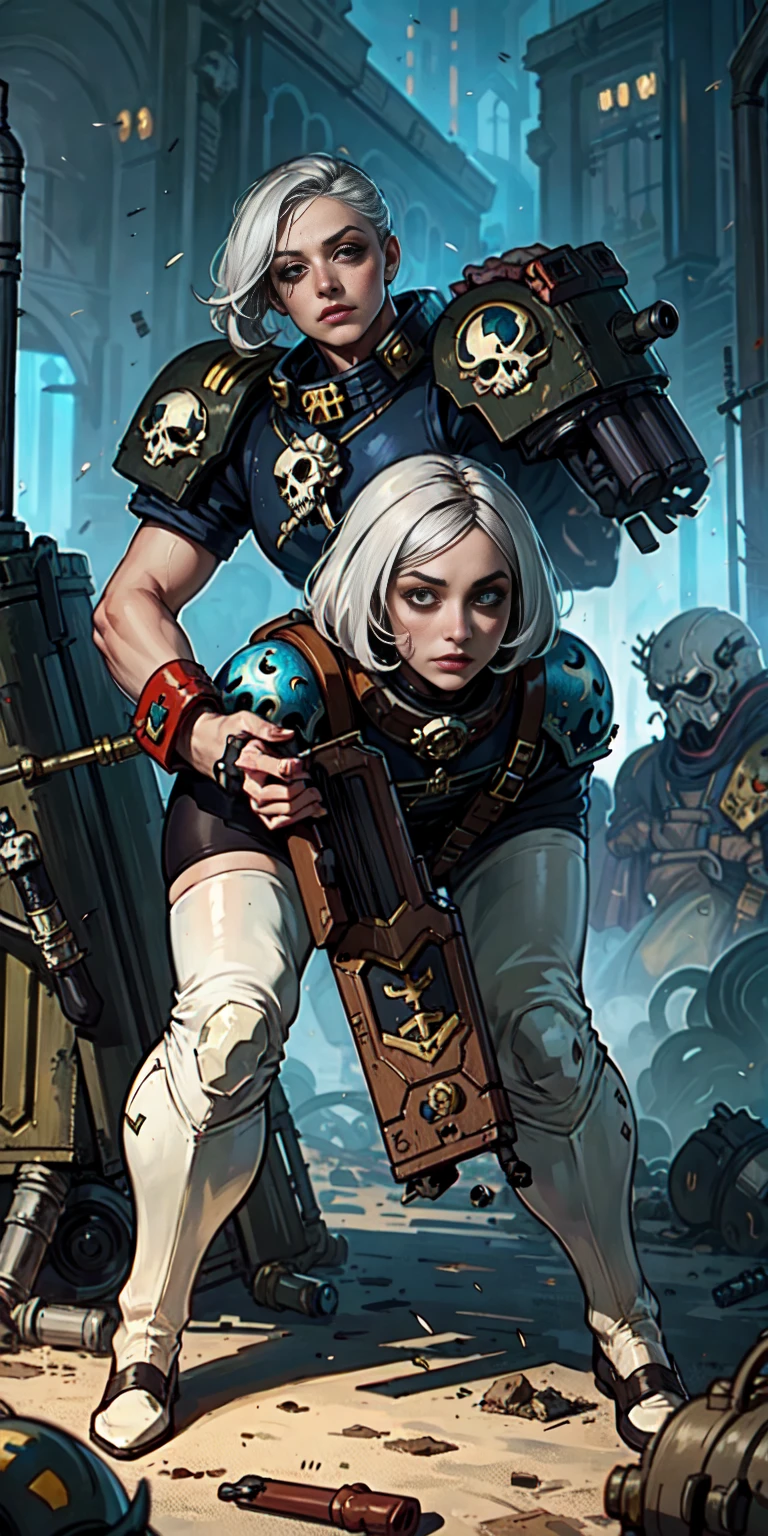 (masterpiece:1.2), (best quality:1.2), perfect eyes, perfect face, perfect lighting, 1girl, mature whore Sororitas with bolter gun in hands, scar over one eye, eyepatch, white hair, skulls on the ground, warhammer 40k, chaos, fire, scifi, detailed battlefield background