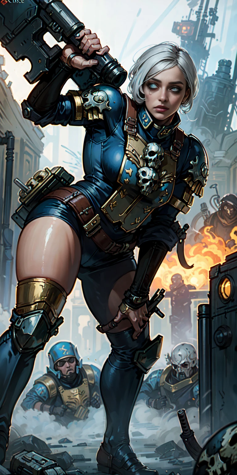 (masterpiece:1.2), (best quality:1.2), perfect eyes, perfect face, perfect lighting, 1girl, mature whore Sororitas with bolter gun in hands, scar over one eye, eyepatch, white hair, skulls on the ground, warhammer 40k, chaos, fire, scifi, detailed battlefield background