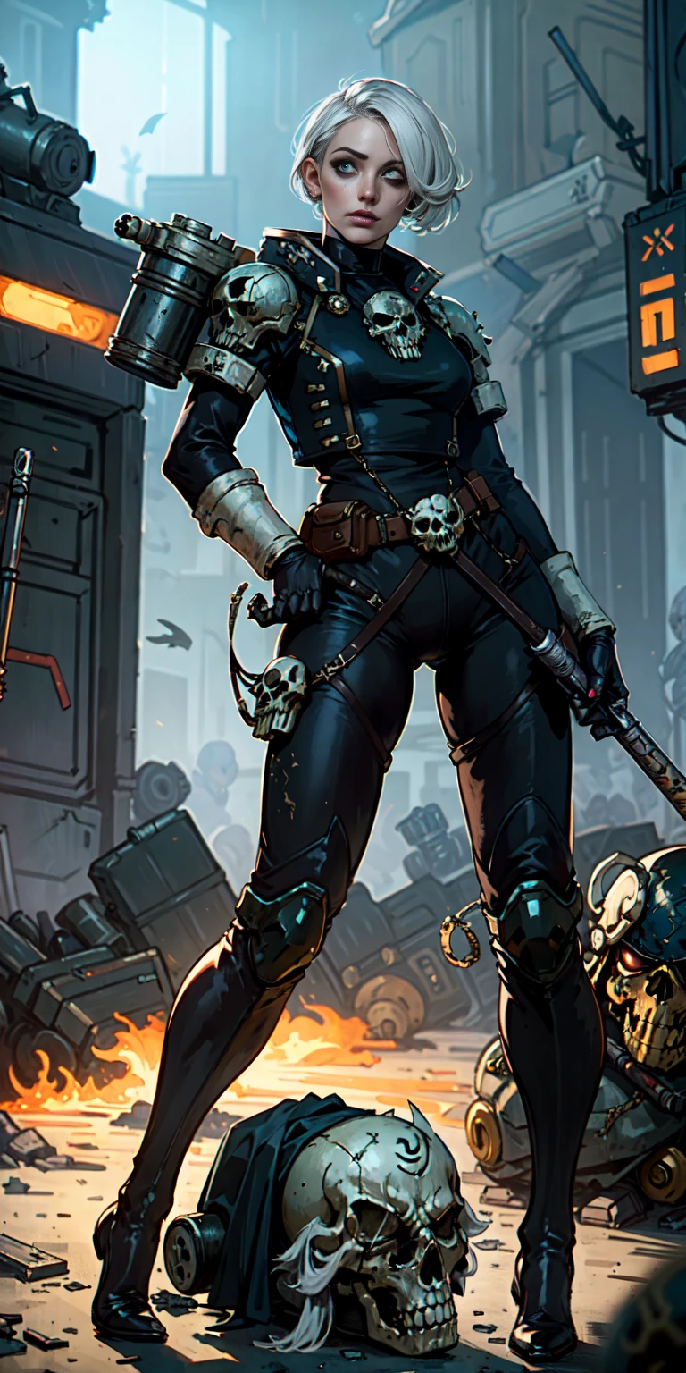 (masterpiece:1.2), (best quality:1.2), perfect eyes, perfect face, perfect lighting, 1girl, mature whore Sororitas with bolter gun in hands, scar over one eye, eyepatch, white hair, skulls on the ground, warhammer 40k, chaos, fire, scifi, detailed battlefield background