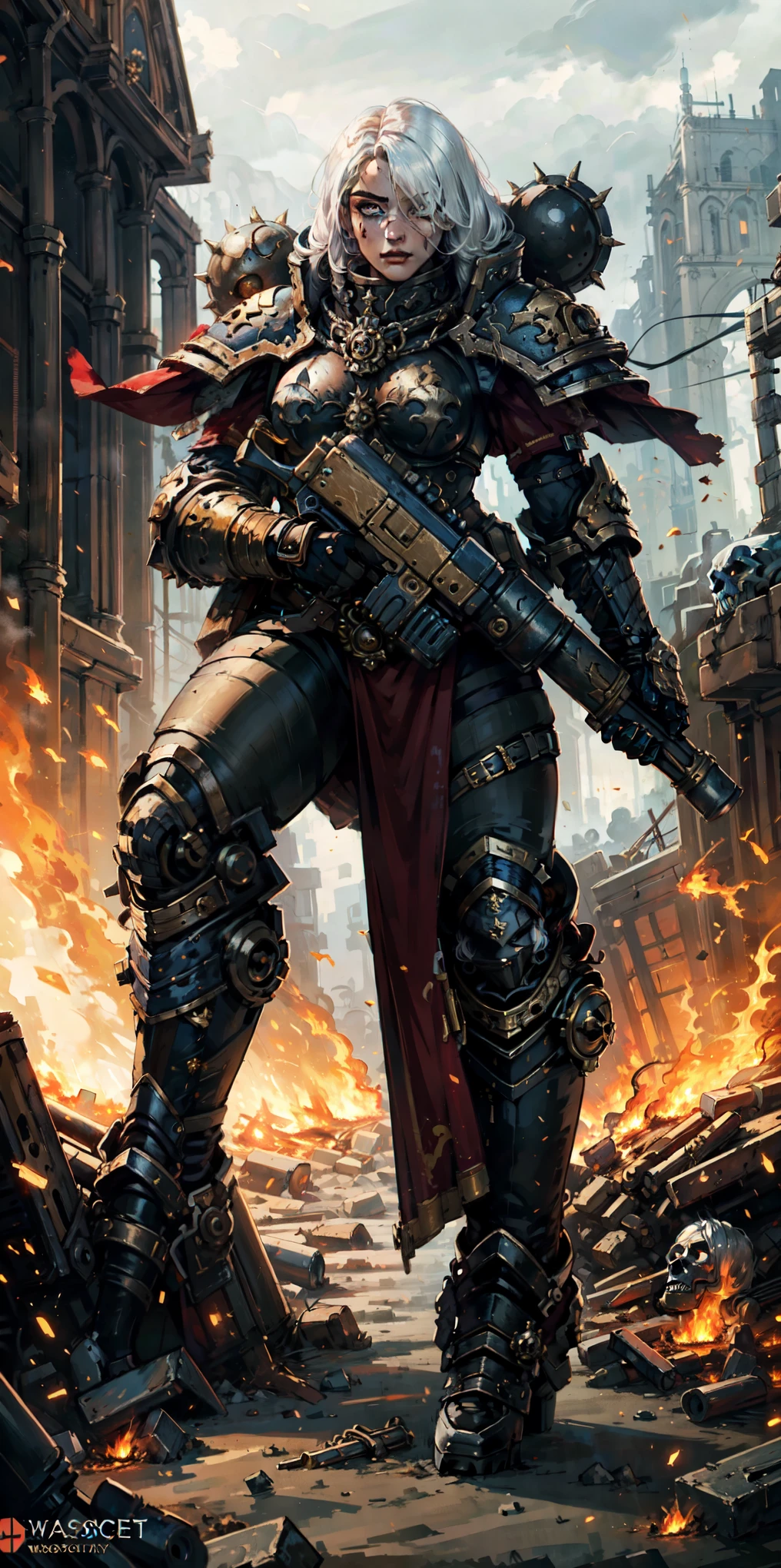 (masterpiece:1.2), (best quality:1.2), perfect eyes, perfect face, perfect lighting, 1girl, mature whore Sororitas with bolter gun in hands, scar over one eye, eyepatch, white hair, skulls on the ground, warhammer 40k, chaos, fire, scifi, detailed battlefield background