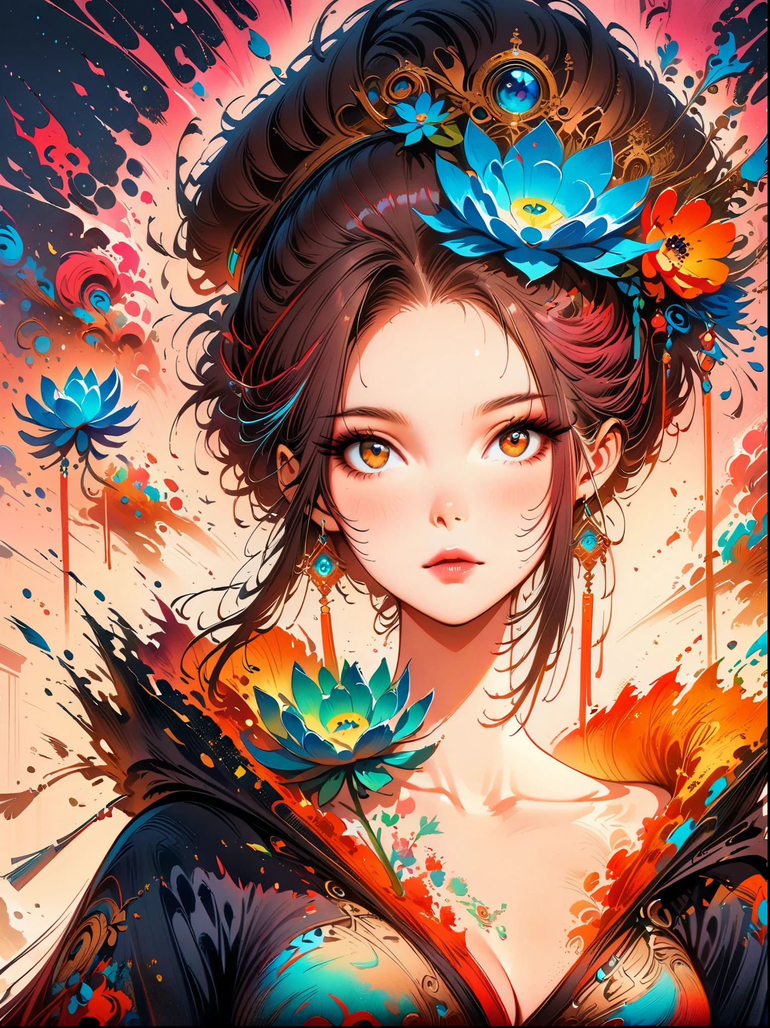 (masterpiece，best quality:1.2)，Digital Art Style，charming illustration，peace pictures，1girl，Tall lotus，Solitary，body glow，Glowing Line，Fluorescence，Luminous example，Tracking example，flash，萤Light Particles，Backlight，translucent，Light Particles，correct human anatomy