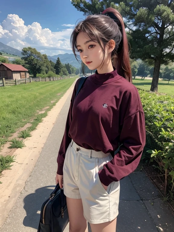 a 12 years village girl with cute ponytail, wear maroon clothes and shortpants in a rural