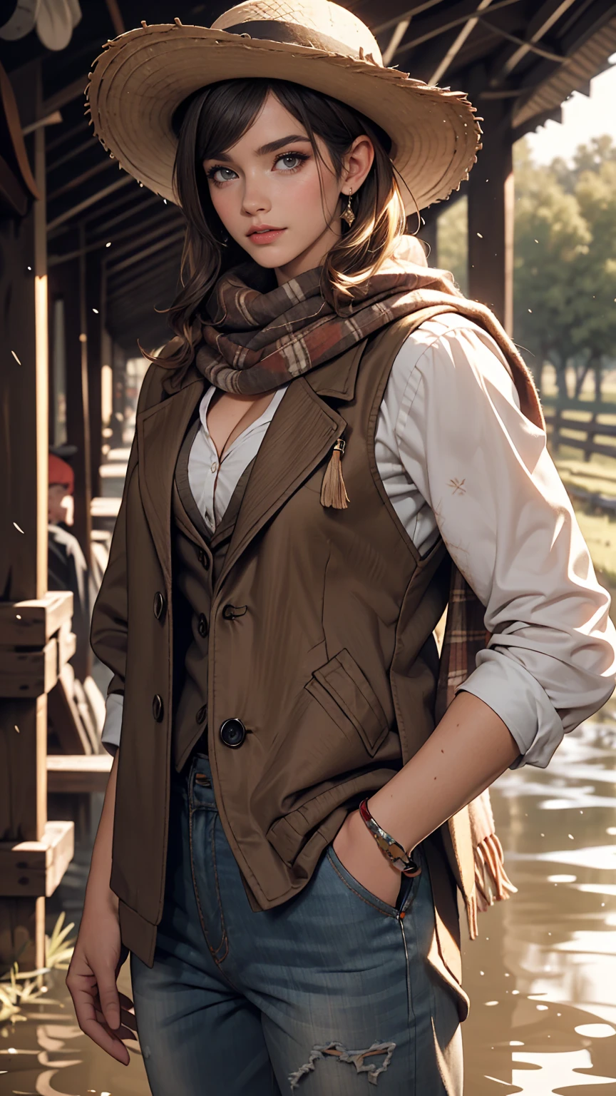 Portrait of a beautiful woman on a muddy farm:1.2 , Cowboy hat, Fringed waistcoat , pants, scarf , confidence , Mid-chest,Cleavage Emphasis