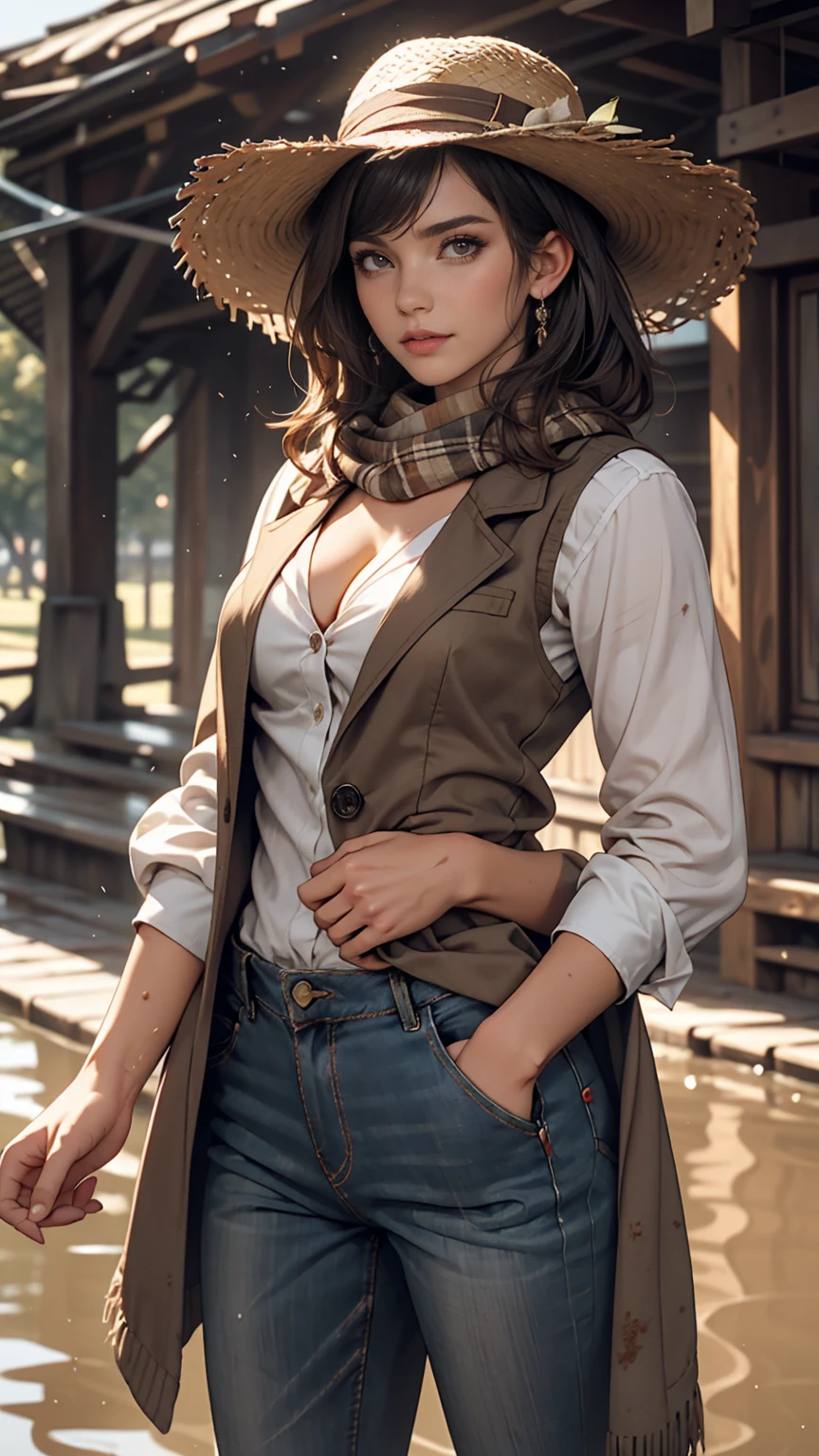 Portrait of a beautiful woman on a muddy farm:1.2 , Cowboy hat, Fringed waistcoat , pants, scarf , confidence , Mid-chest,Cleavage Emphasis