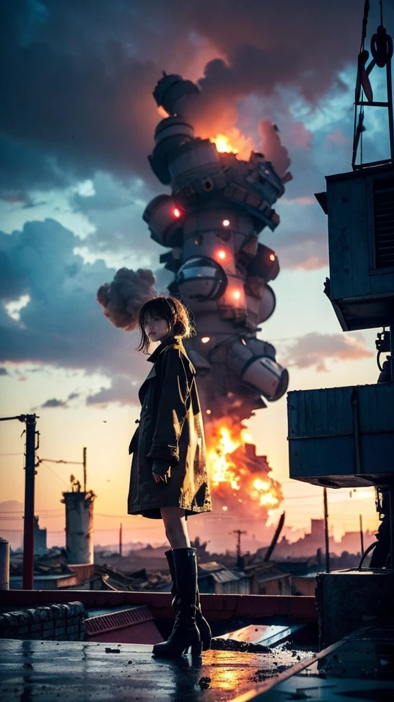 Brown short hair girl、A structure piercing the sky in the distance、anime art wallpaper 8k, 16k、(Disparity society)、((One of his arms is made of machinery))、Black long boots、((A ruined world))、Destroyed City、(a girl standing at the rooftop of a building)、Clothes dirty with dust、Damage costume、((Black make-up on the face))、Fluttering costumes、Fluttering Hair、Exploding buildings、Dark Clouds、(Dystopia)、((Chaotic world))、Reddish long coat