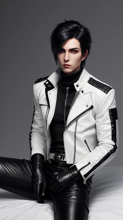 Final Fantasy-style graphics, young, Cute and cool Japanese boys, Thin eyebrows and big eyes,  He is wearing a shiny white single-breasted leather jacket..。Biker style leather jacket、 with epaulettes,  The jacket is zipped up, The jacket pockets are black., The jacket has a high stand-up collar with a belt, Also wearing a black turtleneck, Black Leather Pants, Thin black leather gloves on both hands, Black leather knee-high lace-up boots, Show me your whole body from head to toe, Final Fantasy Style、((good looking))、((Clear eyes and nose))、((Shiny white single leather jacket))、((The jacket must be white))((The jacket has epaulettes))、((The jacket has a high stand-up collar and is belted.))、((The jacket has a black pocket))、((Black turtleneck shirt))、((Shiny black leather pants))、((Shiny black leather gloves on both hands))、((Black lace-up leather long boots))、((View a head-to-toe image in the distance))、Realistic image quality and texture、In a small cell、close your eyes、A kind smile、((The jacket is closed with a zipper))、((No exposed skin below the neck))、((Sitting on the bed))