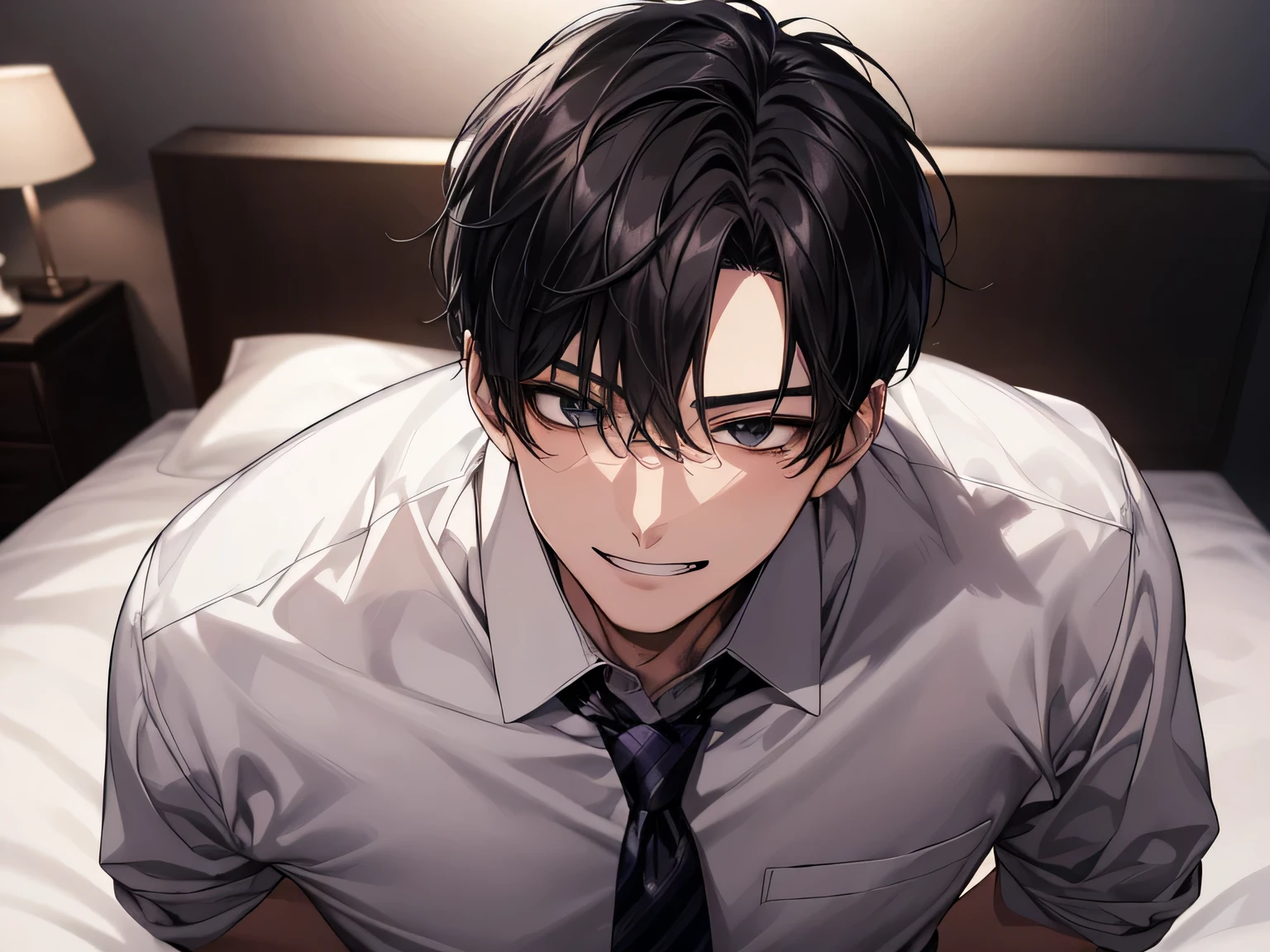 masterpiece,(night),night,Upper Body, Face close-up,30-year-old male,1 boy、grin,Black Hair、loosen your tie,white shirt shirt,,From below,Angle from below,Excited,A tense look,Background night,bed