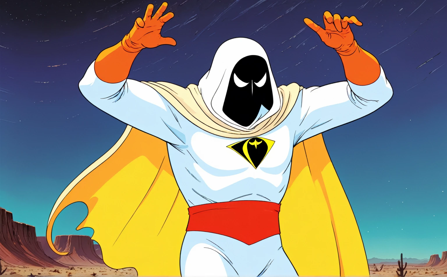 Post-Apocalyptic Wasteland, Space Ghost dancing a vile stanky boogie dance, exaggerated, excessive, cel shading, harsh desert conditions, extreme heat, cinematic, rich color grading, sense of energy, A wordless, visually hilarious, cohesive, intense meme that conveys overwhelming joy
