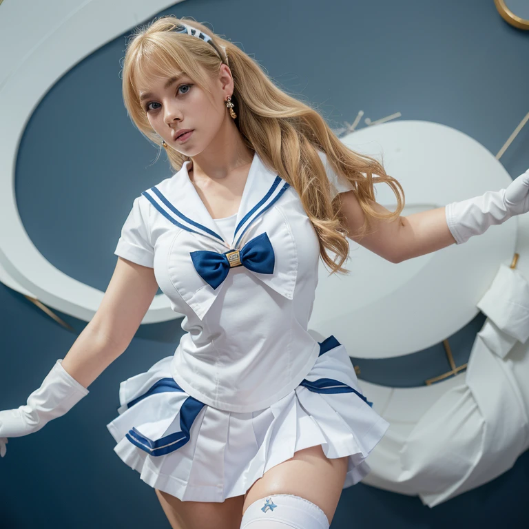 Close up, 1 girl, sailor, Tsukino Usagi, (sailor chiseki uniform:1.2), (aqua eyes:0.9), blonde hair, medium hair, wedge skirt, best quality, earrings, masterpiece, high resolution, intricate details, (realistic)), photography, (white elbow gloves:1.1), jewelry, medium breasts, full body, dynamic background, dynamic pose, white