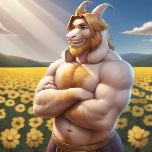 asgore, no clothes, no topwear, no bottomwear, plump, bara, (pose:1.3), (posing:1.3), (soft shading), 4k, hi res, five fingers, detailed hands, ((detailed face, (detailed eyes:1.0), detailed)), (full body), by zackarry911, by zaush, (by personalami:0.5), standing, full body, male focus, no humans, flower field, flower, smile, crossed arms, huge cock