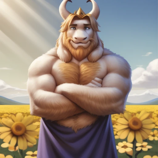 asgore, no clothes, no topwear, no bottomwear, nude, naked, plump, bara, (pose:1.3), (posing:1.3), (soft shading), 4k, hi res, five fingers, detailed hands, ((detailed face, (detailed eyes:1.0), detailed)), (rear view), by zackarry911, by zaush, (by personalami:0.5), full body, male focus, no humans, flower field, flower, smile, crossed arms, (bend over:1.40), massive cum filled butt, horsecock in butt:1.50