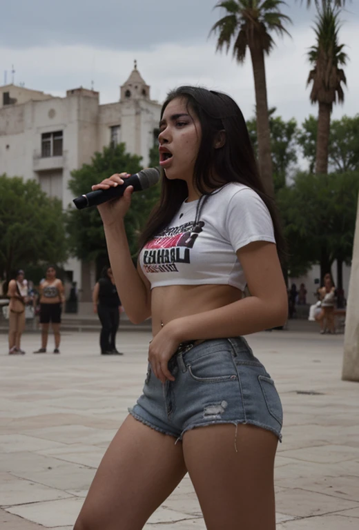 brunette 18 year old girl, full shot, selfie, outdoors, crowd, people behind, naked, no clothes, rear view, fat, glasses, gigantic breasts, wide hips, gigantic ass