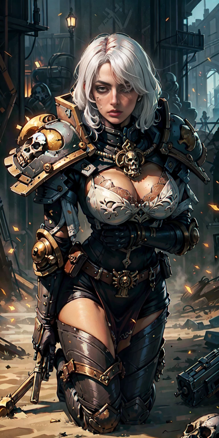 (masterpiece:1.2), (best quality:1.2), perfect eyes, perfect face, perfect lighting, 1girl, mature whore Sororitas with bolter gun in hands, blindfolded cover eyes, white hair, skulls on the ground, warhammer 40k, detailed battlefield background
