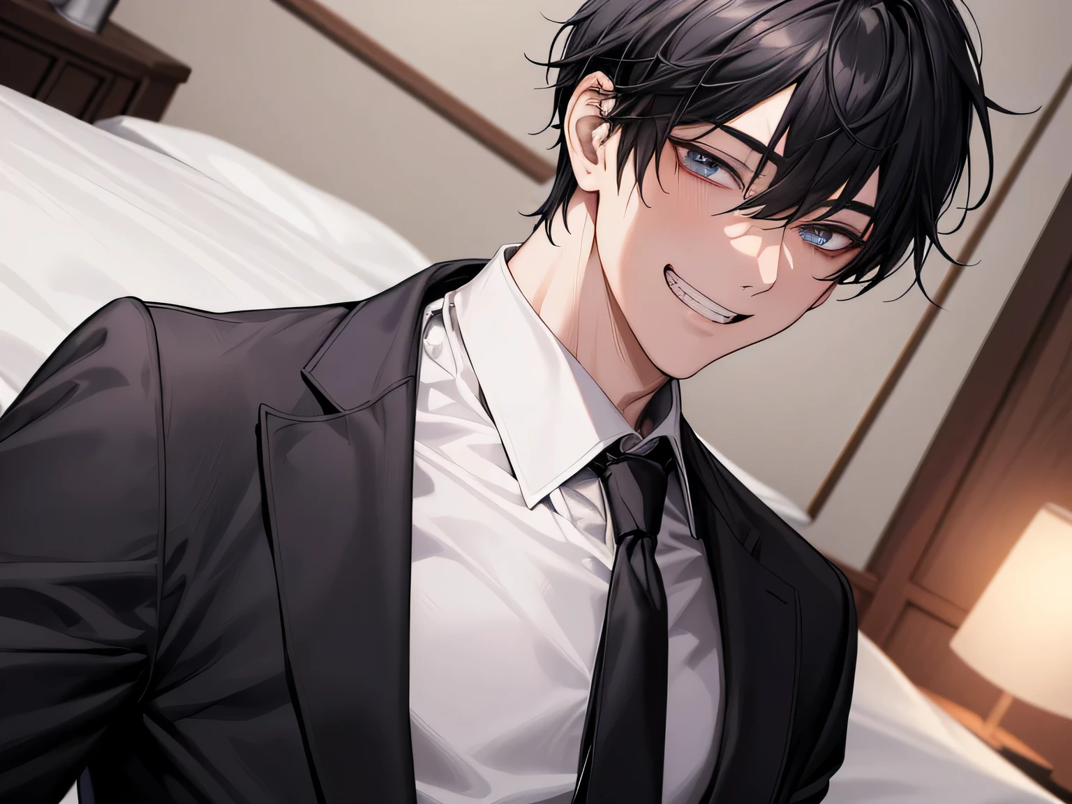 masterpiece,(night),night,Dark atmosphere,Upper Body, Face close-up,30-year-old male,1 boy、grin,Black Hair、loosen your tie,white shirt shirt,,From below,Angle from below,Excited,A tense look,Background night,bed