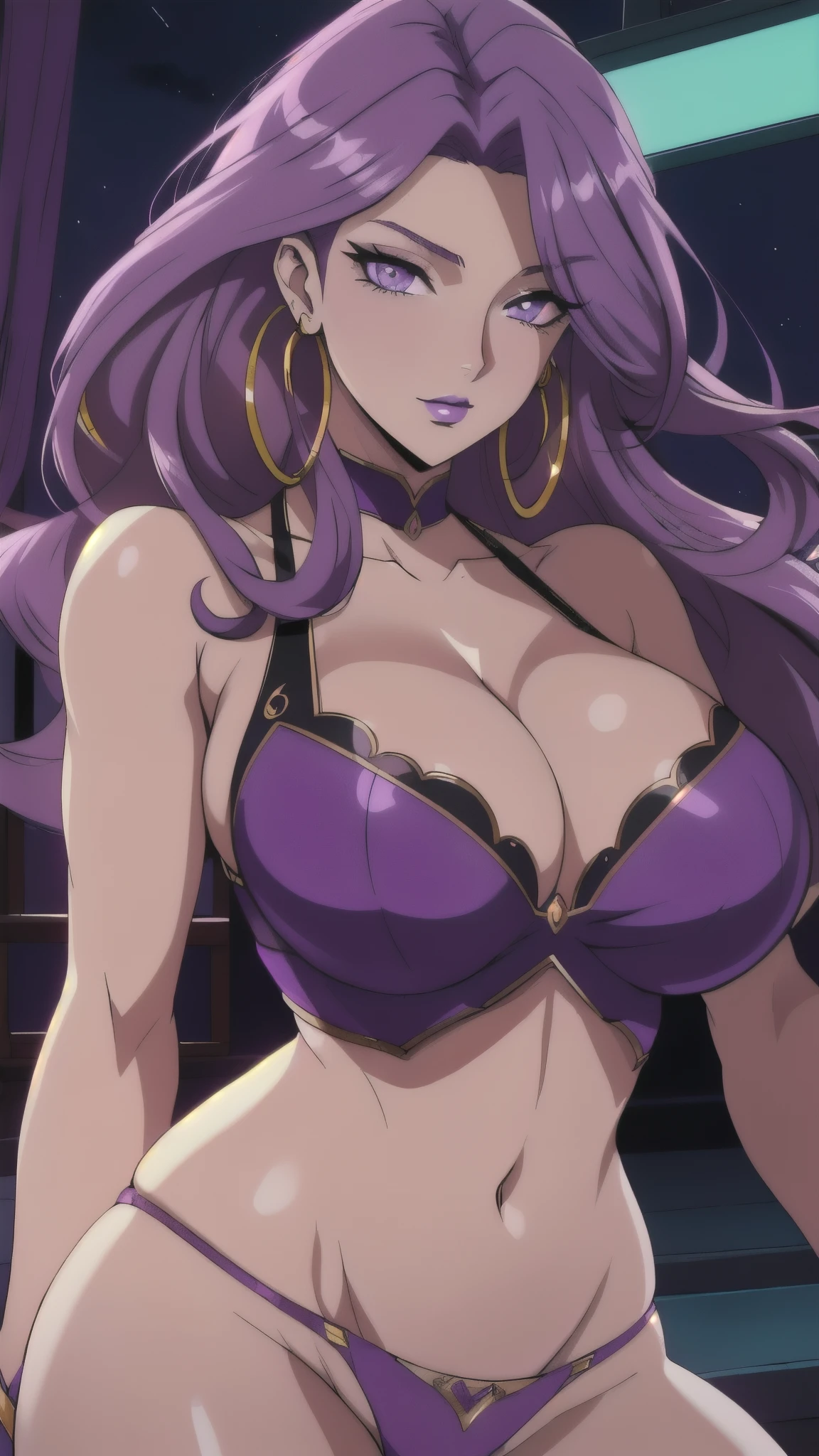 cornelia_li_britannia, masterpiece, best quality, detailed face, detailed eyes, code Geass Corneille purple eyes, purple hair purple lip (masterpiece), best quality, expressive eyes, Beautiful Figure, Beautiful body, Beautiful Nose,Beautiful character design, perfect eyes, perfect face, sexy body, pretty face, babe, perfect large breasts, cleavage, tight cloths , crop top, thong, jewelry, big hoop earrings, perfect lighting, dynamic lighting, cinematic lighting, night time, (leaning),  dark lit bar, neon lights, Colorful, 
(masterpiece:1.0),(best_quality:1.0), ultra high res,4K,ultra-detailed