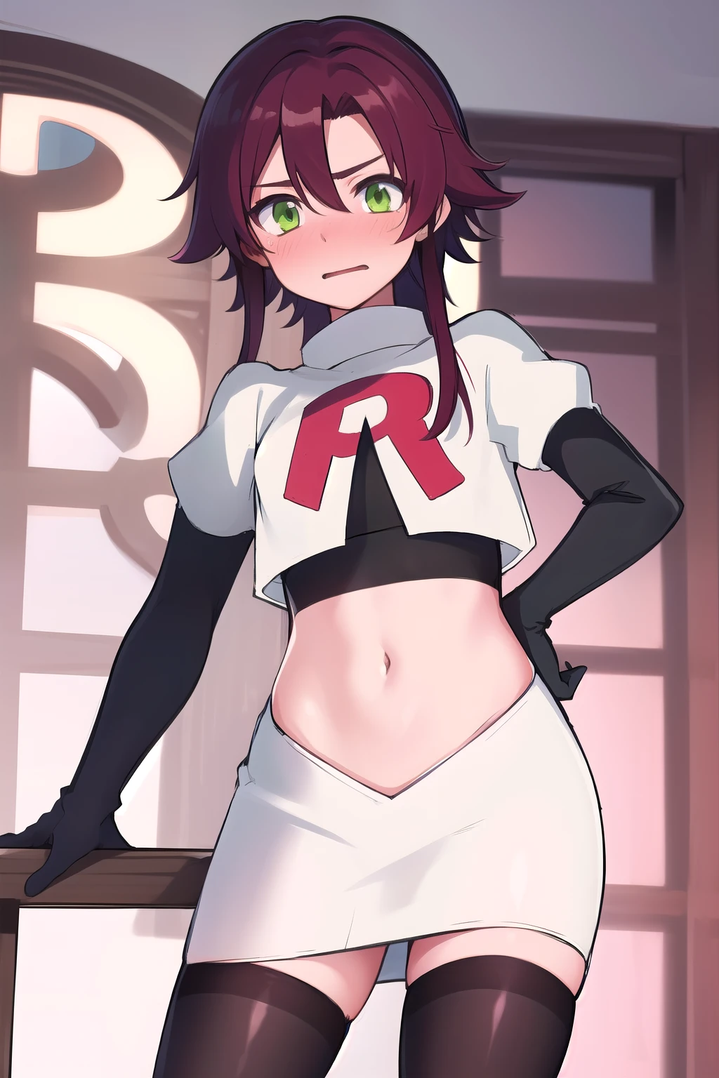 masterpiece, absurdres, Shikanoin Heizou, green eyes,male focus, trap, crossdressing,1boy,team rocket,team rocket uniform,white skirt,red letter R,crop top,black thigh-highs,black elbow gloves, embarrassed, blush