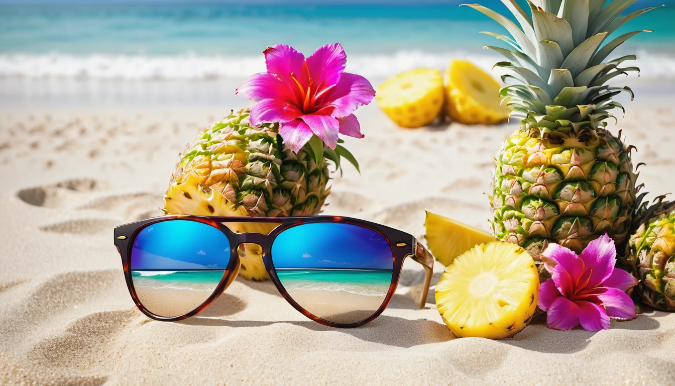 Sun glasses, Pineapple fruits,sandy beaches, refreshing drinks, sun-kissed adventures, and the vibrant colors of summer blooms