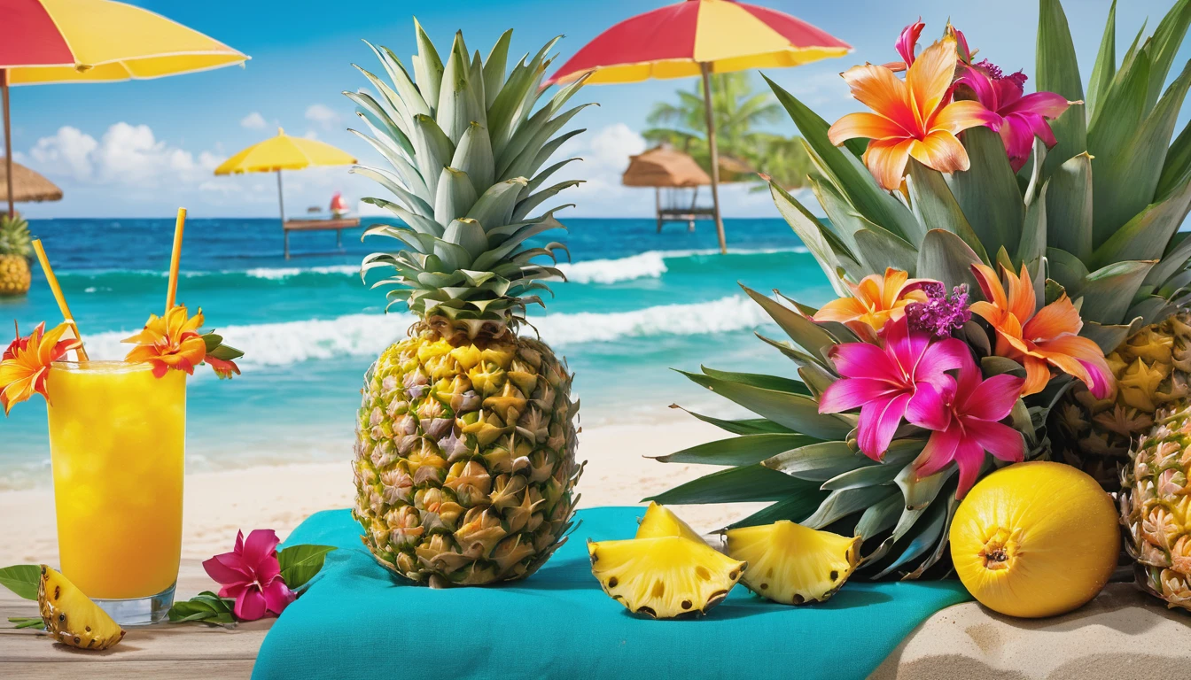 Sun glasses, Pineapple fruits,sandy beaches, refreshing drinks, sun-kissed adventures, and the vibrant colors of summer blooms