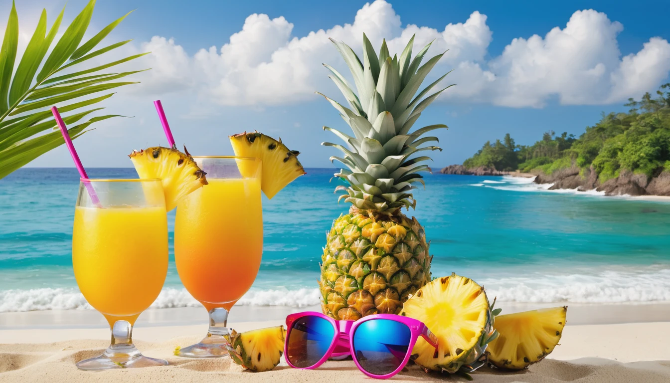 Sun glasses, Pineapple fruits,sandy beaches, refreshing drinks, sun-kissed adventures, and the vibrant colors of summer blooms