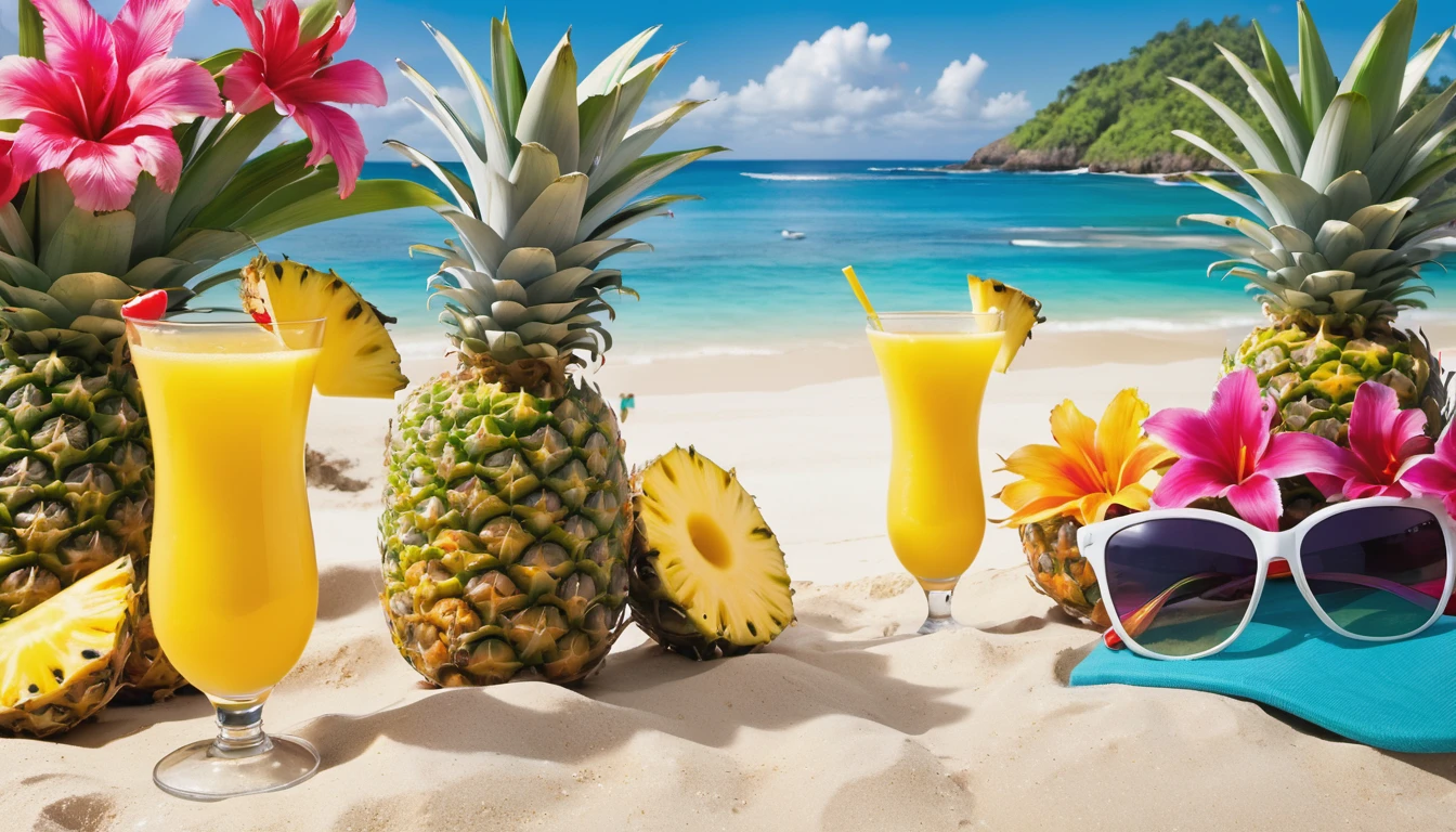 Sun glasses, Pineapple fruits,sandy beaches, refreshing drinks, sun-kissed adventures, and the vibrant colors of summer blooms