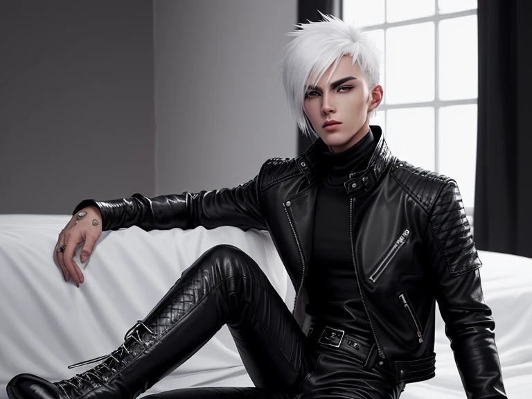 Final Fantasy-style graphics, young, Cute and cool Japanese boys, Thin eyebrows and big eyes,  He is wearing a shiny white single-breasted leather jacket..。Biker style leather jacket、 with epaulettes,  The jacket is zipped up, The jacket pockets are black., The jacket has a high stand-up collar with a belt, Also wearing a black turtleneck, Black Leather Pants, Thin black leather gloves on both hands, Black leather knee-high lace-up boots, Show me your whole body from head to toe, Final Fantasy Style、((good looking))、((Clear eyes and nose))、((Shiny white single leather jacket))、((The jacket must be white))((The jacket has epaulettes))、((The jacket has a high stand-up collar and is belted.))、((The jacket has a black pocket))、((Black turtleneck shirt))、((Shiny black leather pants))、((Shiny black leather gloves on both hands))、((Black lace-up leather long boots))、((View a head-to-toe image in the distance))、Realistic image quality and texture、In a small cell、close your eyes、A kind smile、((The jacket is closed with a zipper))、((No exposed skin below the neck))、((Sitting on the bed))