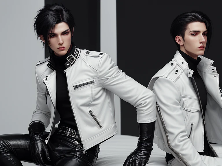 Final Fantasy-style graphics, young, Cute and cool Japanese boys, Thin eyebrows and big eyes, He is wearing a shiny white single-breasted leather jacket..。Biker style leather jacket、 with epaulettes, The jacket is zipped up, The jacket pockets are black., The jacket has a high stand-up collar with a belt, Also wearing a black turtleneck, Black Leather Pants, Thin black leather gloves on both hands, Black leather knee-high lace-up boots, Show me your whole body from head to toe, Final Fantasy Style、((good looking))、((Clear eyes and nose))、((Shiny white single leather jacket))、((The jacket must be white))((The jacket has epaulettes))、((The jacket has a high stand-up collar and is belted.))、((The jacket has a black pocket))、((Black turtleneck shirt))、((Shiny black leather pants))、((Shiny black leather gloves on both hands))、((Black lace-up leather long boots))、((View a head-to-toe image in the distance))、Realistic image quality and texture、In a small cell、close your eyes、A kind smile、((The jacket is closed with a zipper))、((No exposed skin below the neck))、((Sitting on the bed))