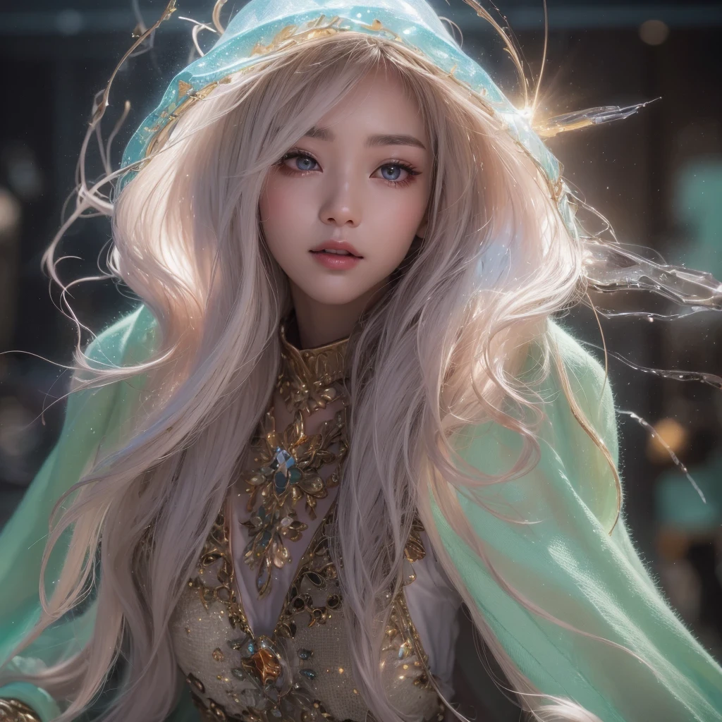 Beautiful hairstyle，Realistic eyes，Beautiful detailed eyes，（Realistic skin），Beautiful Skin，（sweater），ridiculous，enticing，Ultra-high resolution，Ultra-realistic，Very detailed，Golden Ratio，Asian fairy wearing silk hooded and glowing gloves，Lateral face，A collarless coat，Lightning hands，sunglasses，Cyberpunk smoke，（（（nmasterpiece））），（（（Side view））（Ultra-detailded）（illustration）（Detailed lighting）（（Telephoto Tilt-Shift））（nmasterpiece）（sunny day background）（Ultra-detailded）（photorealestic），（Detailed light），（（an extremely delicate and beautiful one），（（faerie）），（（lightning in hand）），Lightning surrounds the fairy，（（lightning chain）），Suspended crystals，There is lightning inside the crystal，