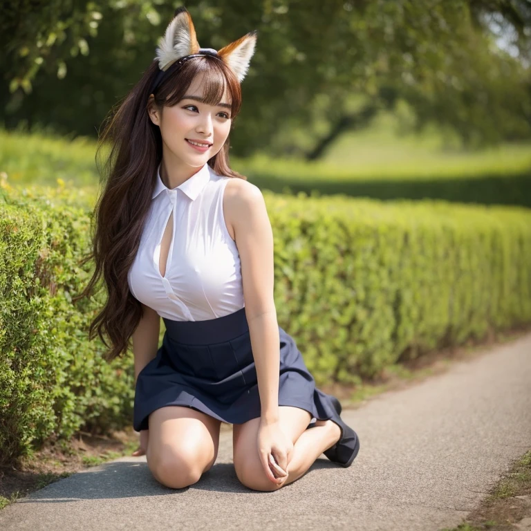 ((highest quality, 32k)), ((masterpiece)), (familiar), Perfect Face, Fox woman, Beautiful woman, public, Has a tail, She has a fluffy tail, She has a red fox's tail., She wags her tail, smile, bell collar, She is wearing a skirt, Beautiful Hips, Big Breasts, Big tail, A tail protrudes from under her skirt, Get on all fours and turn around