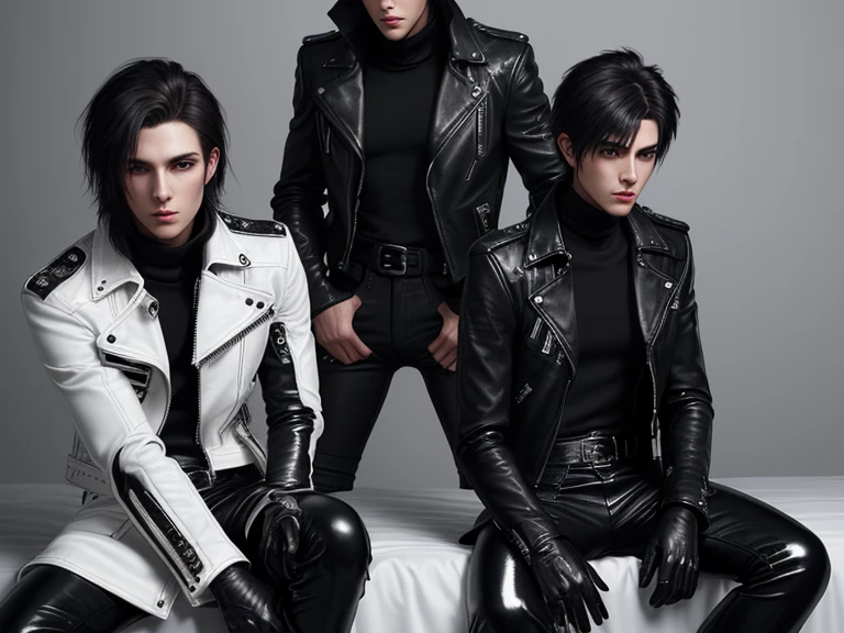 Final Fantasy-style graphics, young, Cute and cool Japanese boys, Thin eyebrows and big eyes,  He is wearing a shiny white single-breasted leather jacket..。Biker style leather jacket、 with epaulettes,  The jacket is zipped up, The jacket pockets are black., The jacket has a high stand-up collar with a belt, Also wearing a black turtleneck, Black Leather Pants, Thin black leather gloves on both hands, Black leather knee-high lace-up boots, Show me your whole body from head to toe, Final Fantasy Style、((good looking))、((Clear eyes and nose))、((Shiny white single leather jacket))、((The jacket must be white))((The jacket has epaulettes))、((The jacket has a high stand-up collar and is belted.))、((The jacket has a black pocket))、((Black turtleneck shirt))、((Shiny black leather pants))、((Shiny black leather gloves on both hands))、((Black lace-up leather long boots))、((View a head-to-toe image in the distance))、Realistic image quality and texture、In a small cell、close your eyes、Has a gentle smile、((The jacket is closed with a zipper))、((No exposed skin below the neck))、((Sitting on the bed))